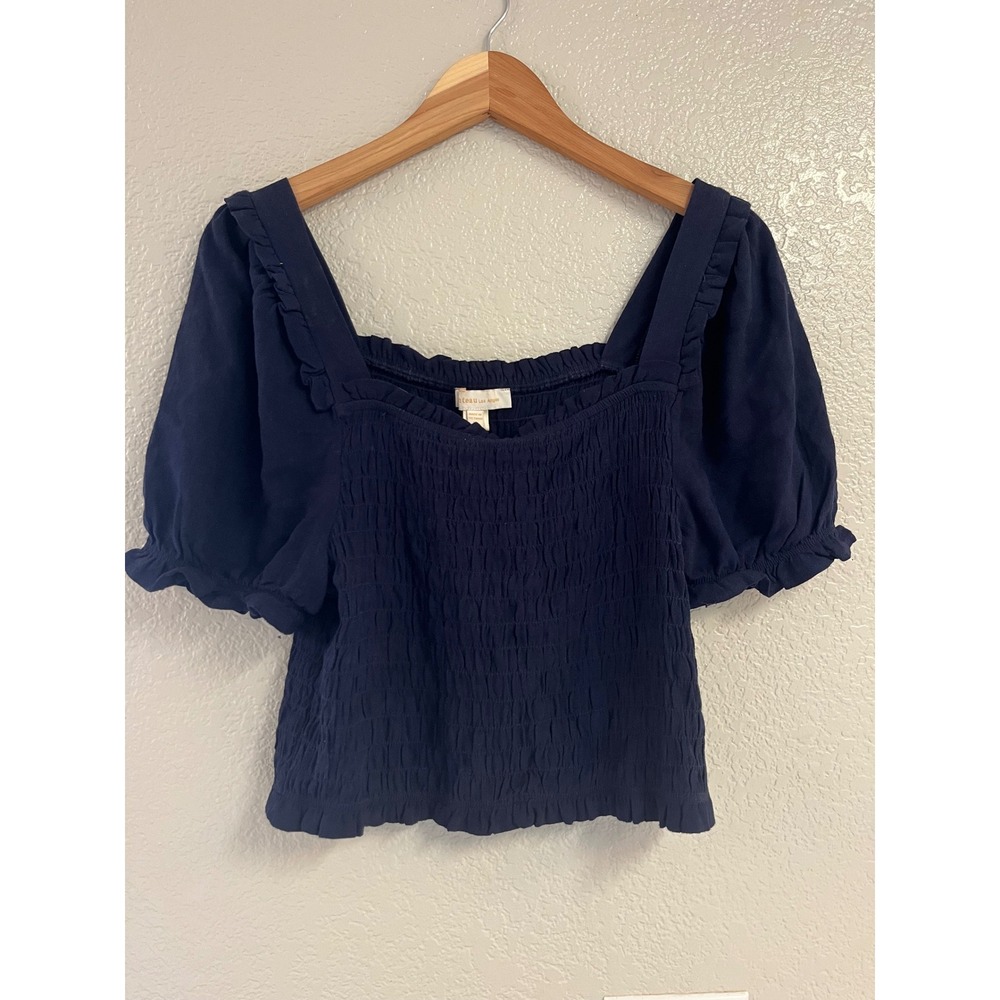Monteau Los Angeles Navy Blue Smocked Puff Sleeve Blouse Linen Blend XL 201400